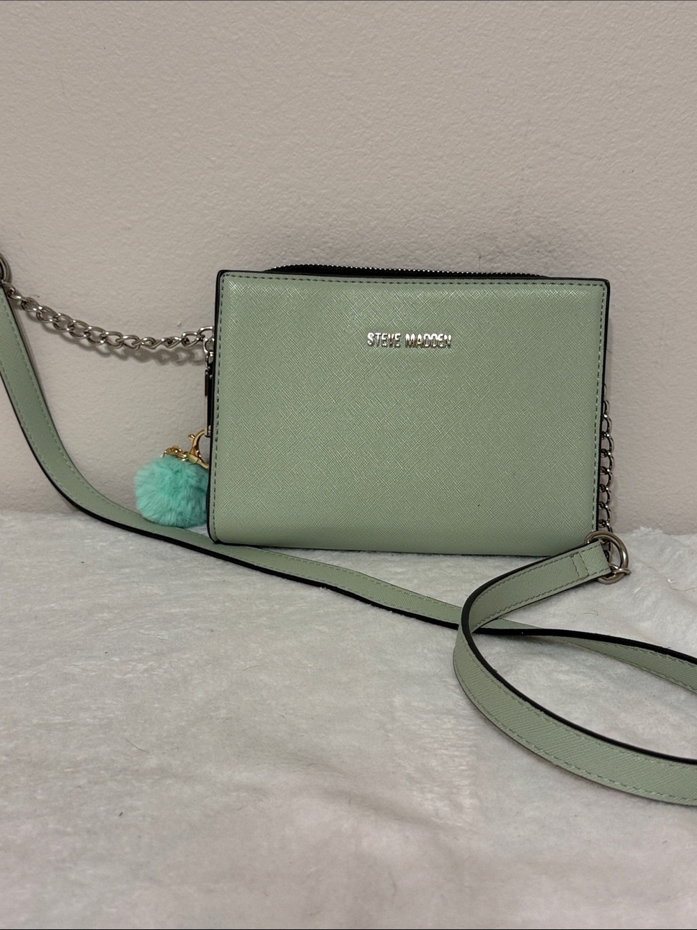 Steve Madden Mint Green Saffiano Crossbody with Pom-Pom Charm
